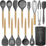 14-piece silicone cooking utensils kitchen set – heat resistant up to 446°f, turner tongs, spatula, spoon, brush, whisk – gray kitchen gadgets with wooden handles for nonstick cookware (bpa free) logo