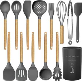 img 4 attached to 14-Piece Silicone Cooking Utensils Kitchen Set – Heat Resistant up to 446°F, Turner Tongs, Spatula, Spoon, Brush, Whisk – Gray Kitchen Gadgets with Wooden Handles for Nonstick Cookware (BPA Free)