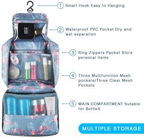 img 3 attached to Hanging Travel Toiletry Bag: Blibly Makeup Cosmetic Organizer for Women & Girls - Waterproof Shower & Bathroom Bag (Light Blue Flamingo Design, 10.6x7.3x3.3 inch)