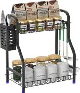 🧺 2-tier spice rack countertop organizer with cutlery storage shelf & hooks - black steel kitchen and bathroom organizer for spice can sauce jars and bottles logo