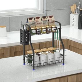 img 3 attached to 🧺 2-Tier Spice Rack Countertop Organizer with Cutlery Storage Shelf & Hooks - Black Steel Kitchen and Bathroom Organizer for Spice Can Sauce Jars and Bottles