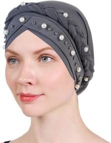 img 2 attached to 👒 Women Turban Twisted Beaded Braid Headscarf Cap Hair Wrap Hat - Multiple Pack Options