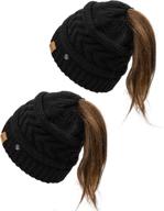 🧣 pukavt 2 pack winter warm chunky cable mess knit ponytail beanie hat: women's trendy and cozy headwear логотип