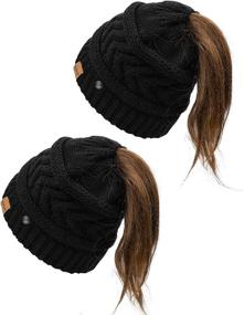 img 4 attached to 🧣 Pukavt 2 Pack Winter Warm Chunky Cable Mess Knit Ponytail Beanie Hat: Women's Trendy and Cozy Headwear