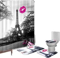 🗼 chic grey paris eiffel tower fabric shower curtain set - 16 piece bath mat set, contour mat, toilet cover, with peach kiss lips print - includes 12 hooks logo