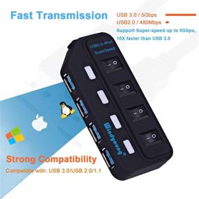 img 1 attached to 💻 High-Speed USB Hub, 4-Port USB 3.0 Hub with Independent LED Power Switches, USB Splitter 3.0 for Laptop and Computer