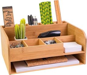img 4 attached to Office Desk Organizer with File Storage in Bamboo Wood - Ideal for Desk Accessories, Home Office, and Decor by MissionMax