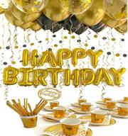 gold and black birthday party decorations set with happy birthday balloons, balloons in gold and black, confetti balloons, golden ribbon, paper circle dots 🎉 garland in black and gold, balloon glue, happy birthday cake topper, disposable dinnerware set: golden plates, cups and straws, and paper napkins set for 15 логотип