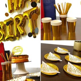 img 2 attached to Gold and Black Birthday Party Decorations Set with Happy Birthday Balloons, Balloons in Gold and Black, Confetti Balloons, Golden Ribbon, Paper Circle Dots 🎉 Garland in Black and Gold, Balloon Glue, Happy Birthday Cake Topper, Disposable Dinnerware Set: Golden Plates, Cups and Straws, and Paper Napkins Set for 15