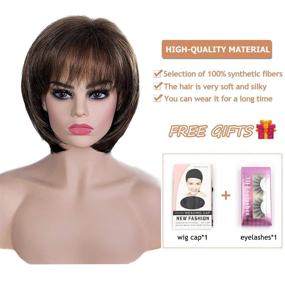 img 2 attached to ✂️ SEVENCOLORS Dark Brown Mixed Blonde Pixie Cut Wig with Bangs: Stylish Short Hair Synthetic Fiber Wig for Women