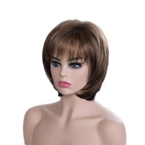 img 3 attached to ✂️ SEVENCOLORS Dark Brown Mixed Blonde Pixie Cut Wig with Bangs: Stylish Short Hair Synthetic Fiber Wig for Women