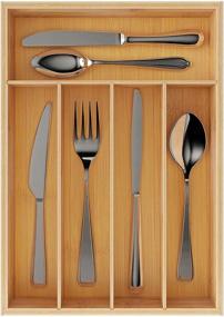 img 4 attached to BAMEOS Bamboo Utensil Drawer Organizer - Cutlery Tray and Silverware Holder for Kitchen Knives - Natural Color (9.75 inch)