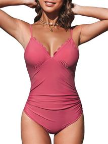 img 4 attached to CUPSHE Women's Blue Scallop Trimmed V-Neck Swimsuit with Adjustable Straps: Stylish One-Piece Swimwear