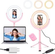 tac tec 10-inch selfie ring light with desktop stand and phone holder, mini portable desk camera small ringlight for computer/laptop, zoom/tiktok trend item compatible with iphone video lighting - pink logo