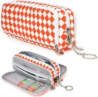 🎒 high capacity canvas pencil case with keychain for students and office supplies - herriat large pencil pouch with 3 compartments in orange grid design logo