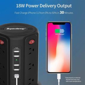 img 2 attached to 💥 Черная USB C Power Strip Surge Protector Tower - SUPERDANNY вертикальная настольная зарядная станция с портом 18W PD, 4 слотами USB-A, 12 розетками, 6-футовым кабелем с защитой от перегрева - идеально подходит для дома, офиса, гаража.