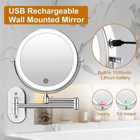img 3 attached to 🪞 8 inch Rechargeable Wall Mounted Makeup Mirror with 3 Color Lights, 1x/5x Magnification, Dimmable LED Lights, Double Sided, 360° Swivel Extendable, Ideal for Shaving and Bathroom