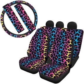 img 4 attached to WELLFLYHOM Black Leopard Print Car Seat Covers: Full Set with Steering Wheel Cover, Seat Belt Cushion & More - Stylish Car Seat Protector for Women, Rainbow Back Seat - Ideal for Car SUV Sedan Truck