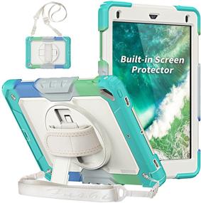 img 4 attached to 📱 Shockproof iPad 6th/5th Generation Case with 360 Rotating Stand, Shoulder Strap, Hand Strap, Screen Protector, Stylus Holder for iPad Air 2 - Milky+Light Blue