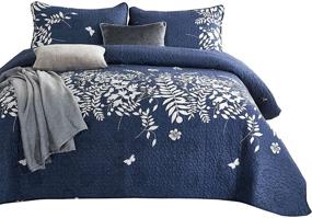img 4 attached to 🛏️ Navy Blue Quilt Set with Gray Floral Pattern - Soft Microfiber Bedding for King Size Beds