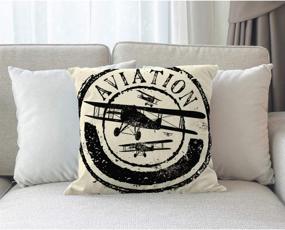 img 3 attached to Moslion Airplane Stamp Design Pillow Cover: Aviation-Inspired Decorative Case for Sofa & Bedroom, 18x18 Inch Cotton Linen Square Cushion in Black and White