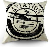 moslion airplane stamp design pillow cover: aviation-inspired decorative case for sofa & bedroom, 18x18 inch cotton linen square cushion in black and white logo