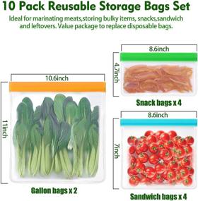 img 3 attached to 👜 10 Pack BPA FREE Reusable Storage Bags - 2 Gallon Bags + 4 Leakproof Sandwich Bags + 4 Thick Snack Bags - Freezer Bags, Leakproof Lunch Bags for Food, Meat, Fruit, Cereal (Multicolored)