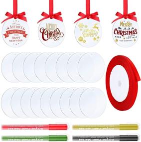 img 4 attached to 🎄 Christmas DIY Ornament Set: 3 Inch Acrylic Decoration with Marking Pens, Red Ribbon - Perfect for Christmas Wedding Party (15)