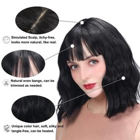 img 2 attached to Wigs for Women - Versatile Black Wig with Bangs: Short Wavy Bob, Colorful Medium Length, Pastel Colored Cosplay & Halloween Synthetic Costume Wig