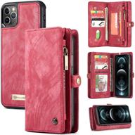 zttopo wallet case for iphone 12 pro max - 2 in 1 leather zipper, detachable magnetic, 11 card slots, money pocket, screen protector included, 6.7 inch - red logo