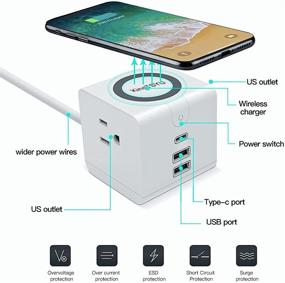 img 1 attached to Кубический блок розеток с защитой от перенапряжения, портом USB C на 45 Вт, беспроводным зарядным устройством, быстрым зарядом QC 3.0, поддержкой USB Power Delivery, для путешествий, офиса, зарядки телефона, ноутбука, MacBook, 2 порта USB A, 2 розетки, шнур длиной 5 футов.