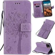 📱 iphone 11 case with screen protector & wallet – pu leather flip case with embossed tree cat flowers; magnetic kickstand, card slots, light purple logo