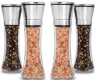 premium stainless steel salt and pepper grinder set - 4 pack, adjustable ceramic sea salt grinder & pepper grinder, tall glass salt and pepper shakers, pepper mill & salt mill with collapsible funnel logo