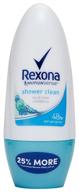 stay fresh and dry all day with rexona women 48hrs antiperspirant deodorant, shower clean scent, roll-on 40ml logo