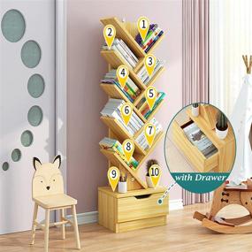 img 2 attached to 📚 48-Inch Tall Floor Standing Wood Storage Rack with 10 Shelves & Drawer | Space Saving Bookshelves for Books, CDs, Magazines, Files | Ideal for Living Room, Bedroom, Home Office | Tonchean Tree Bookshelf