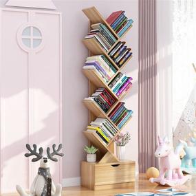 img 3 attached to 📚 48-Inch Tall Floor Standing Wood Storage Rack with 10 Shelves & Drawer | Space Saving Bookshelves for Books, CDs, Magazines, Files | Ideal for Living Room, Bedroom, Home Office | Tonchean Tree Bookshelf