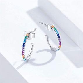 img 2 attached to 👂 Qing's Sterling Silver Fine Arc Stud Earrings with Rainbow CZ - Simple Style Jewelry Gifts for Girls and Women