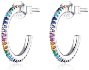 img 4 attached to 👂 Qing's Sterling Silver Fine Arc Stud Earrings with Rainbow CZ - Simple Style Jewelry Gifts for Girls and Women