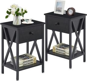 img 4 attached to VECELO Nightstand Set of 2: Modern Industrial Side End Table with Drawer for Living Room and Bedroom – Black