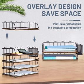 img 3 attached to 📚 2-Layer Wood Desk Organizer with Paper Tray, Stackable Letter File Trays, Pen Holder, and Shortcut Mouse Pad