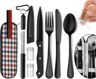 🍽️ black portable travel utensils set - reusable stainless steel flatware set with case for camping, picnic, office, and school logo