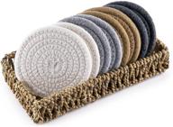 boho fabric coasters set of 8 with seagrass basket holder – handmade woven coasters 🌻 for drink absorbency, heat-resistance, and table protection – ideal for wooden tables and various cup sizes logo