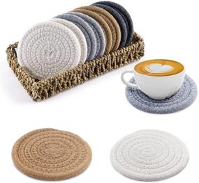 img 2 attached to Boho Fabric Coasters Set of 8 with Seagrass Basket Holder – Handmade Woven Coasters 🌻 for Drink Absorbency, Heat-Resistance, and Table Protection – Ideal for Wooden Tables and Various Cup Sizes