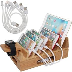 img 4 attached to Bamboo Charging Station Organizer for Multiple Devices & Wood Desktop Docking Charging Stand like Cell Phone, Tablets, Phone Case, and Watch Stand - Pezin & Hulin (No USB Charger)