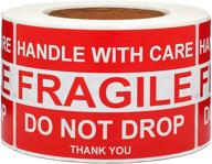 sjpack large fragile stickers - eye-catching 4"x6" shipping labels (500 labels/roll) - handle with care, do not drop, thank you - 1 roll logo