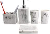 grey bathroom accessory set: tumbler, soap dish, soap dispenser, toothbrush holder logo