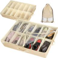 👞 zauck under bed shoe storage organizer 2 pack: keep 24 pairs tidy with sturdy walls, strengthened handles, zipper, and breathable material – beige логотип