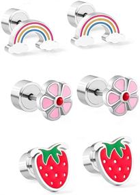 img 4 attached to 🍓 Stylish 20g Strawberry Flower Rainbow Stud Earrings Set - Hypoallergenic Sleeper Huggie Piercing Jewelry for Women, Teens, and Girls