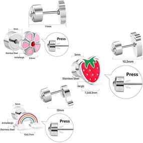 img 3 attached to 🍓 Stylish 20g Strawberry Flower Rainbow Stud Earrings Set - Hypoallergenic Sleeper Huggie Piercing Jewelry for Women, Teens, and Girls