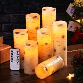 img 2 attached to 🕯️ Set of 7 Flameless LED Birch Bark Effect Candles (D:2.2'' x H:5''5''6''6''7''8''9'') Ivory Real Wax Pillar Battery Operated Candles, 10-Key Remote Control, Cycling 24 Hours Timer